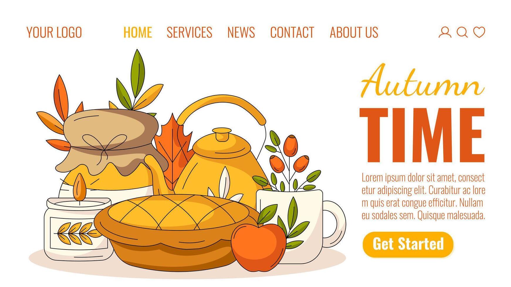 Autumn landing page template. Seasonal cozy fall illustration with pumpkin pie, teapot and mug, candle, apple, rosehip, jam. For website, web, online, banner. Isolated background vector
