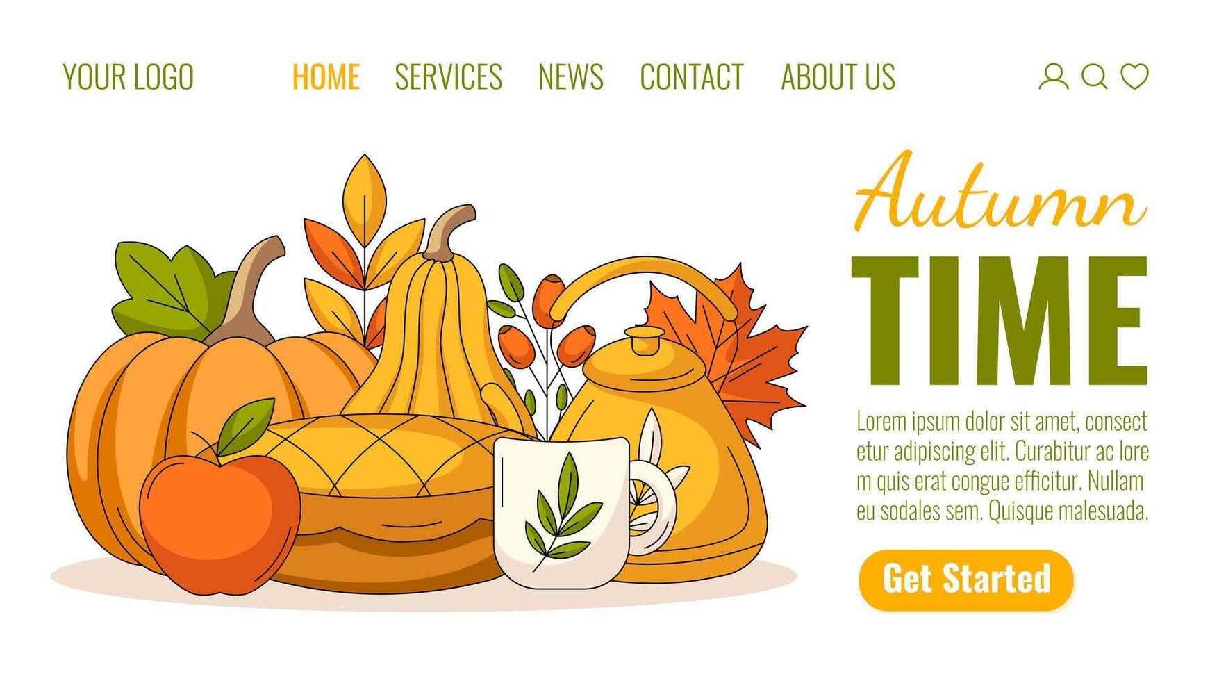 Autumn landing page template. Fall elements for seasonal holidays. Pumpkin, squash, apple, pie, kettle with mug, rosehip and leaves. Illustration for website, web, online, banner vector