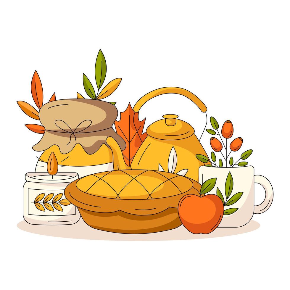 Cozy autumn composition with pumpkin pie, teapot and mug, candle, apple, rosehip, fall leaves and jam. Fall flat illustration. For greeting card, social media, postcard, thanksgiving day vector