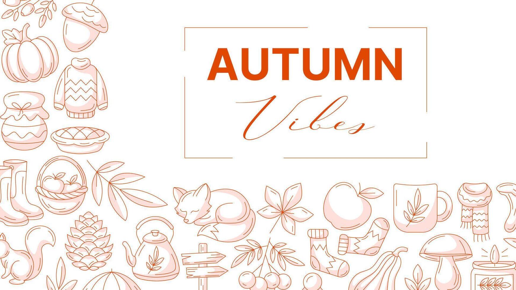 Autumn vibes, horizontal banner or background with space for text. Minimalist corner frame with monochrome red fall seasonal cozy elements, food, clothes, mushrooms, animals. For poster, card, party vector