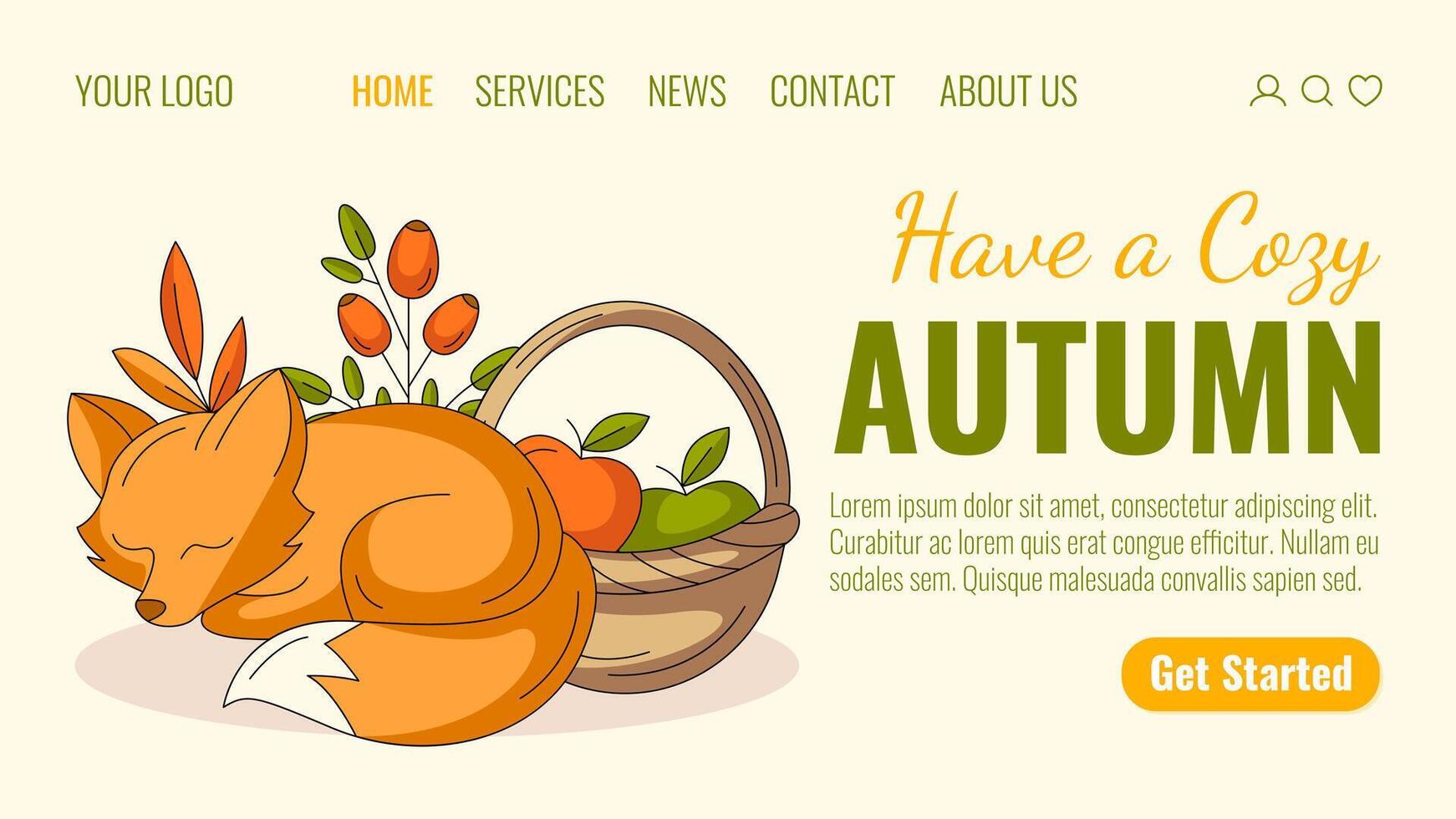 Autumn landing page template. Fall elements and animal for seasonal holidays. Cute sleeping fox, basket with apple harvest, rosehip. Illustration for website, web, online, banner vector