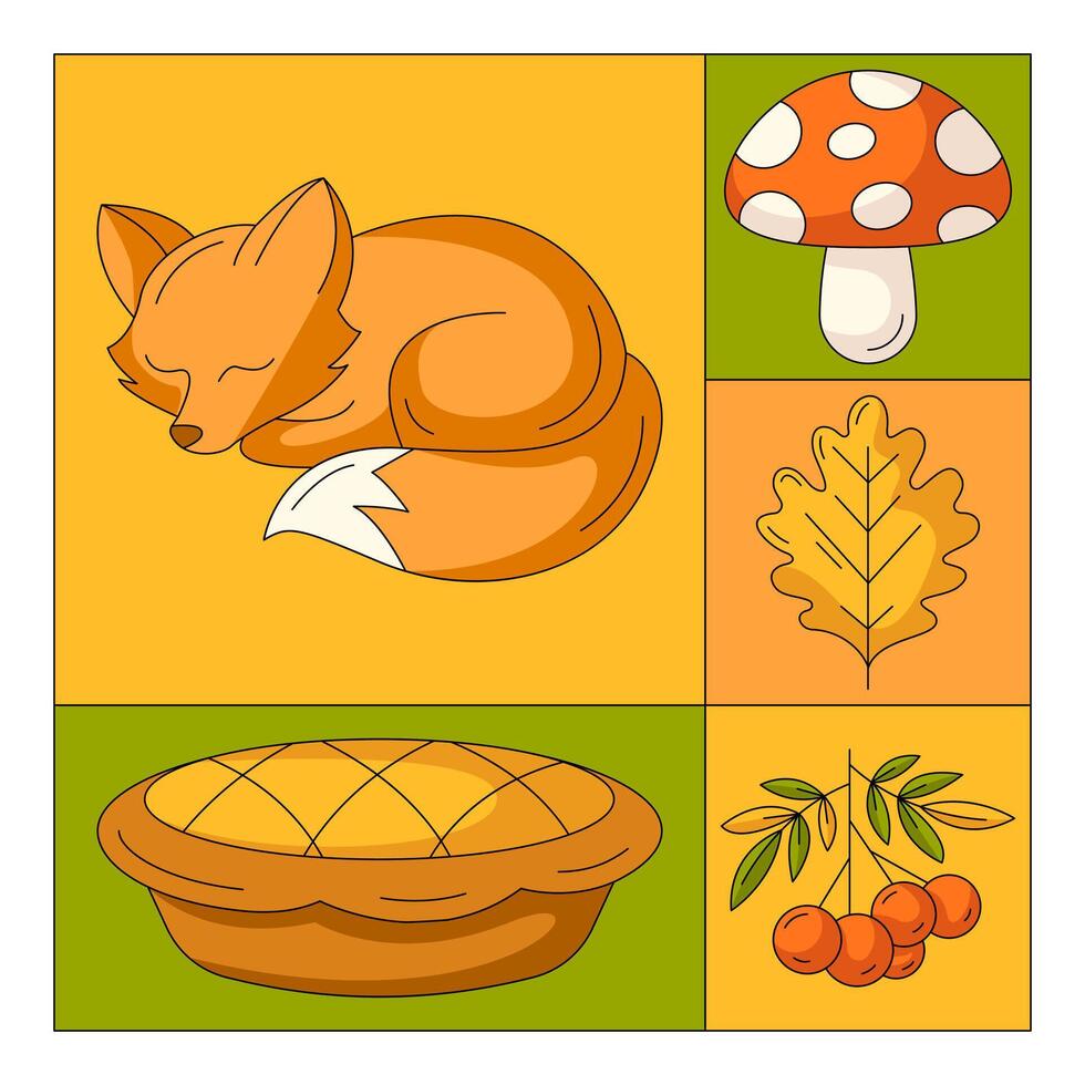 Autumn modern geometric square card with fall elements from cute sleeping fox, pumpkin pie, rowan, amanita and oak leaf. Seasonal illustration for poster, banner, social media, greeting card vector