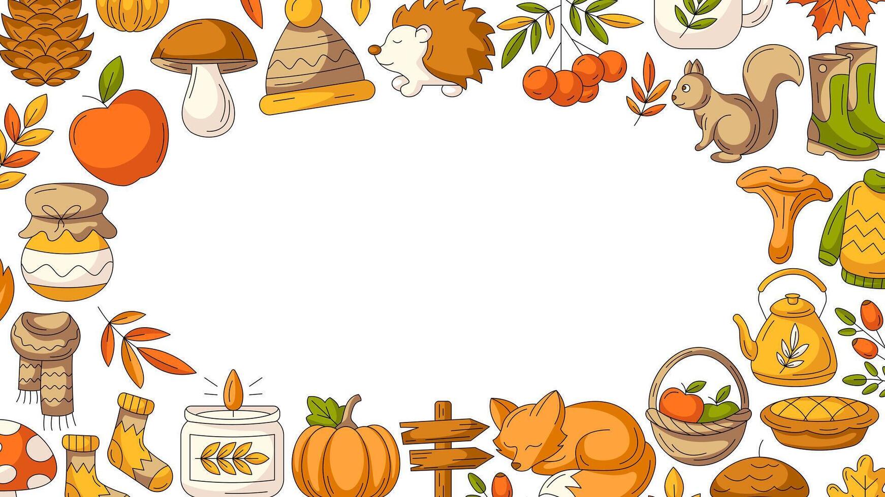 Autumn colorful horizontal banner with border frame of fall cozy elements. Space for text in the middle, isolated white background. Seasonal poster, flyer, cover, advertising, invitation for holiday vector