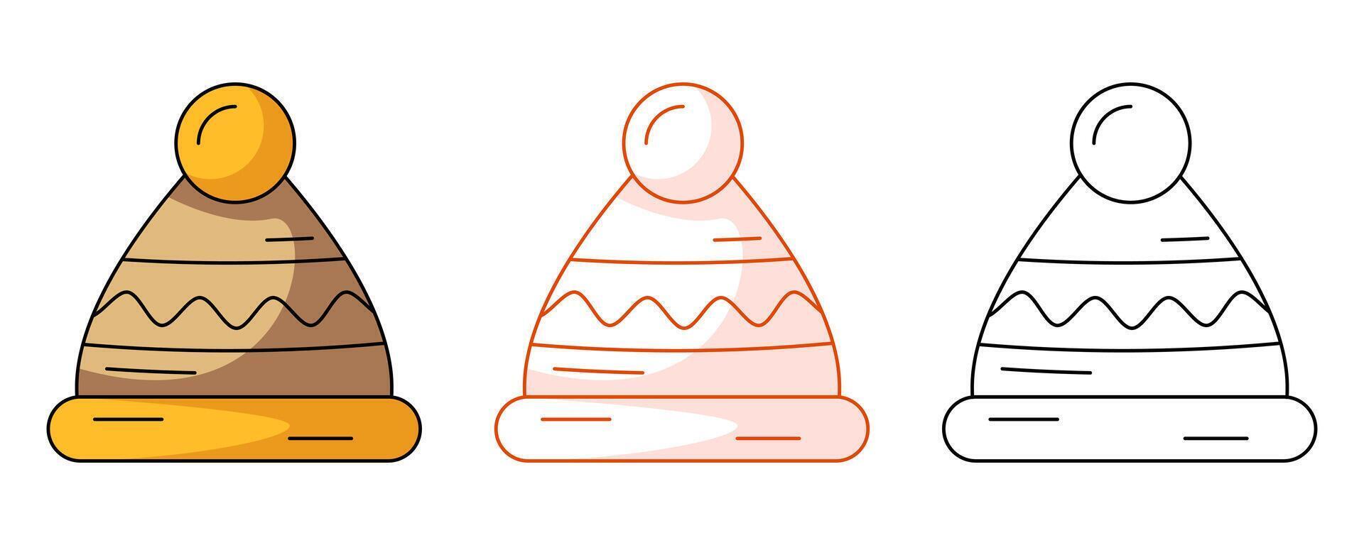 Warm hat, colorful and line icon set. Fall or winter element of clothes for cold weather. Flat outline icon, monochrome red and color illustration. For logo, sticker, coloring book, label vector
