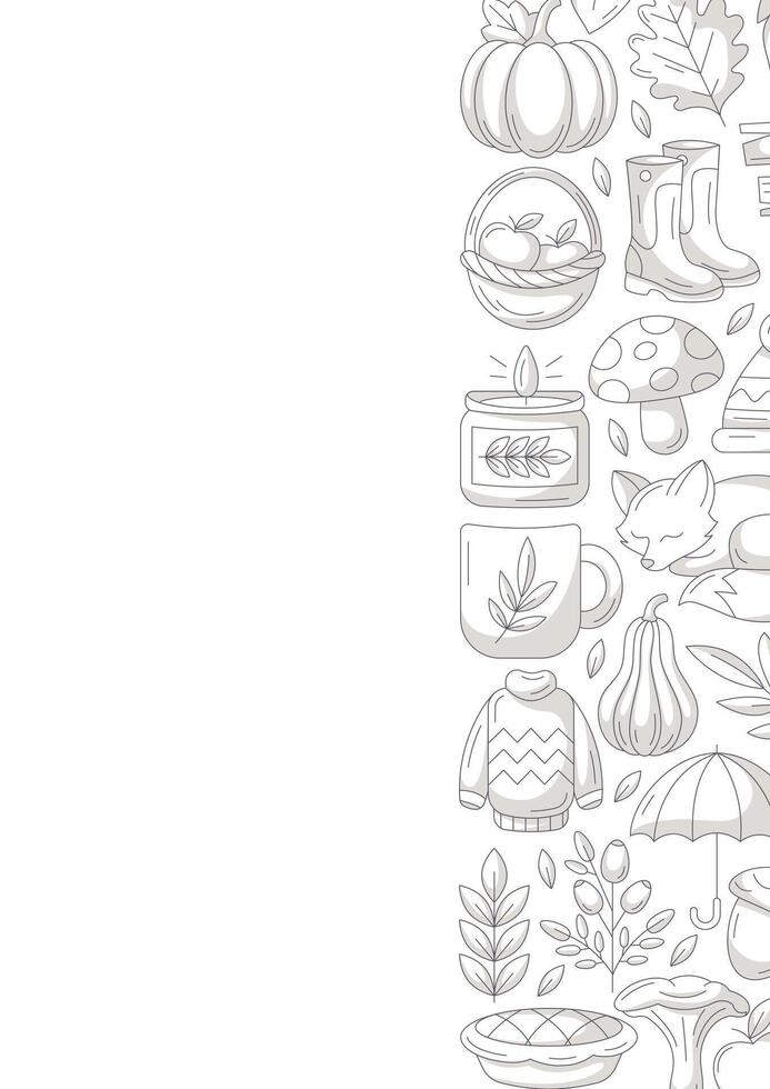 Autumn vertical a4 poster, space for text. Minimalist monochrome gray right side border frame with fall seasonal cozy elements. For card, banner, invitation, social media, festival or planner. vector