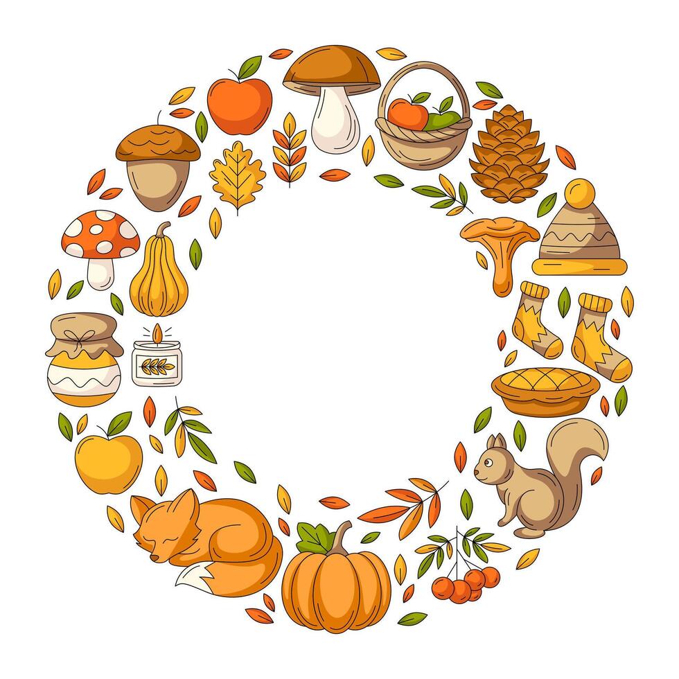 Autumn round frame with space for text in the middle. Cozy seasonal fall elements, food, clothes and animals. Flat illustration for greeting card, postcard, invitation, social media, poster vector