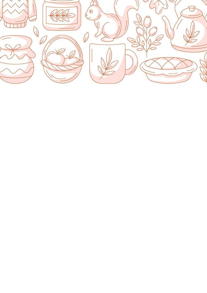 Autumn vertical a4 poster with space for text. Minimalist monochrome red upper border frame with fall seasonal cozy elements. For card, banner, invitation, social media, festival or planner. vector