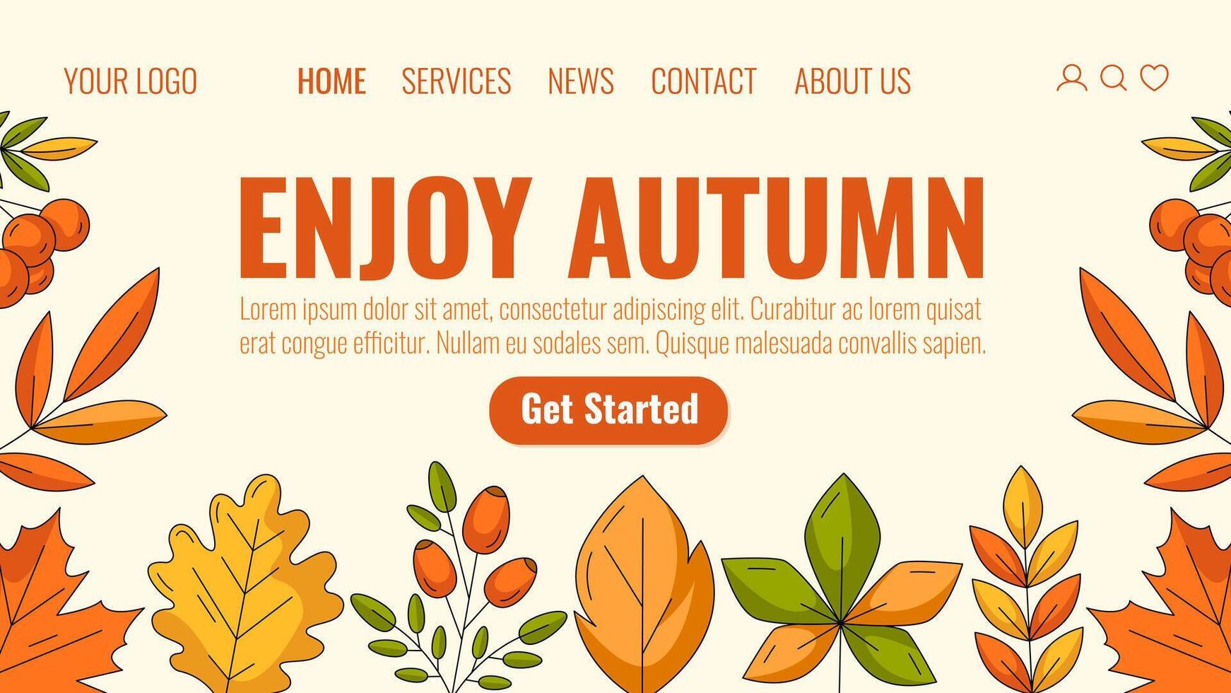 Autumn colorful landing page template. Seasonal fall leaves of oak, aspen, maple, chestnut leaf, rosehip and rowan branch. For website, web, online, banner. Isolated background vector