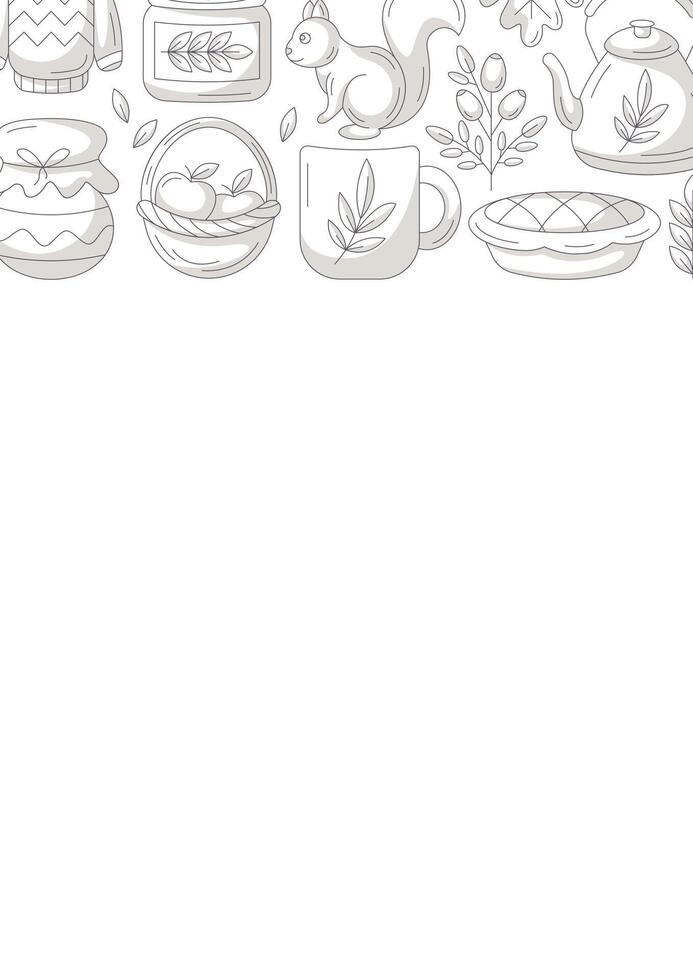 Autumn vertical a4 poster with space for text. Minimalist monochrome gray upper border frame with fall seasonal cozy elements. For card, banner, invitation, social media, festival or planner. vector