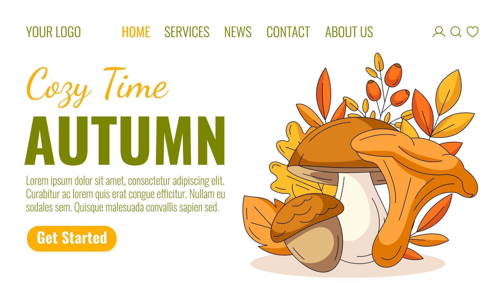 Autumn landing page template. Fall elements for seasonal holidays. Chanterelle and boletus mushrooms, acorn, yellow oak leaves and rosehip. Illustration for website, web, online, banner vector