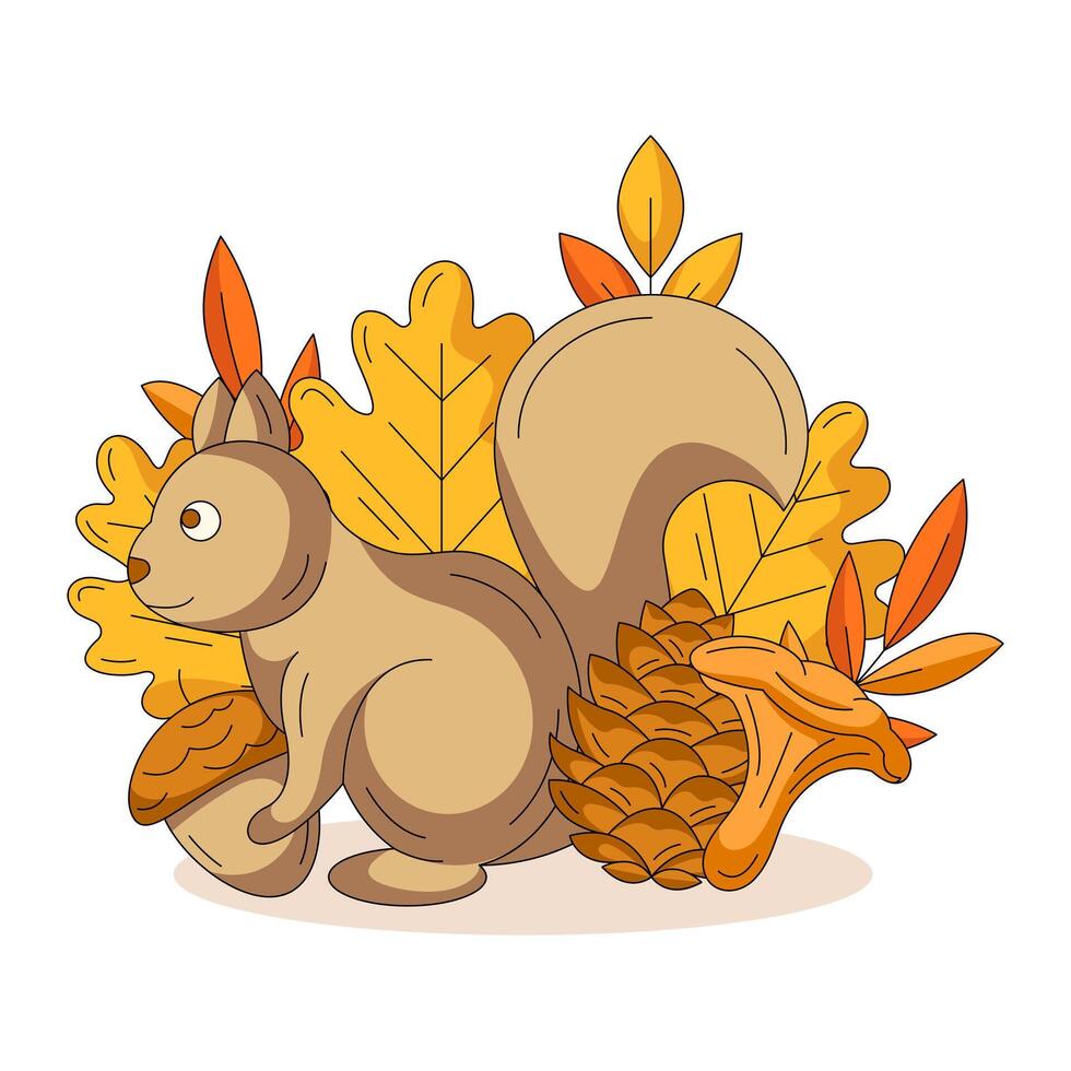 Squirrel with acorn, chanterelle mushroom, fir cone surrounded by oak leaves. Cute flat autumn illustration, fall composition. Forest wild animal. For greeting card, postcard, thanksgiving day vector