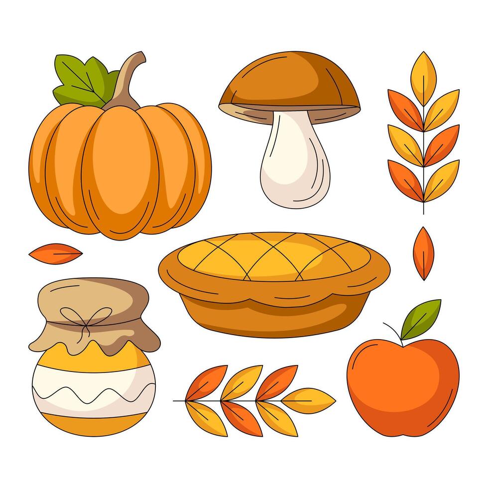 Autumn square geometric composition from fall elements. Pumpkin, boletus or porcini, jam, pie, apple and leaves. Modern seasonal illustration for print, textile, sticker, social media, postcard vector