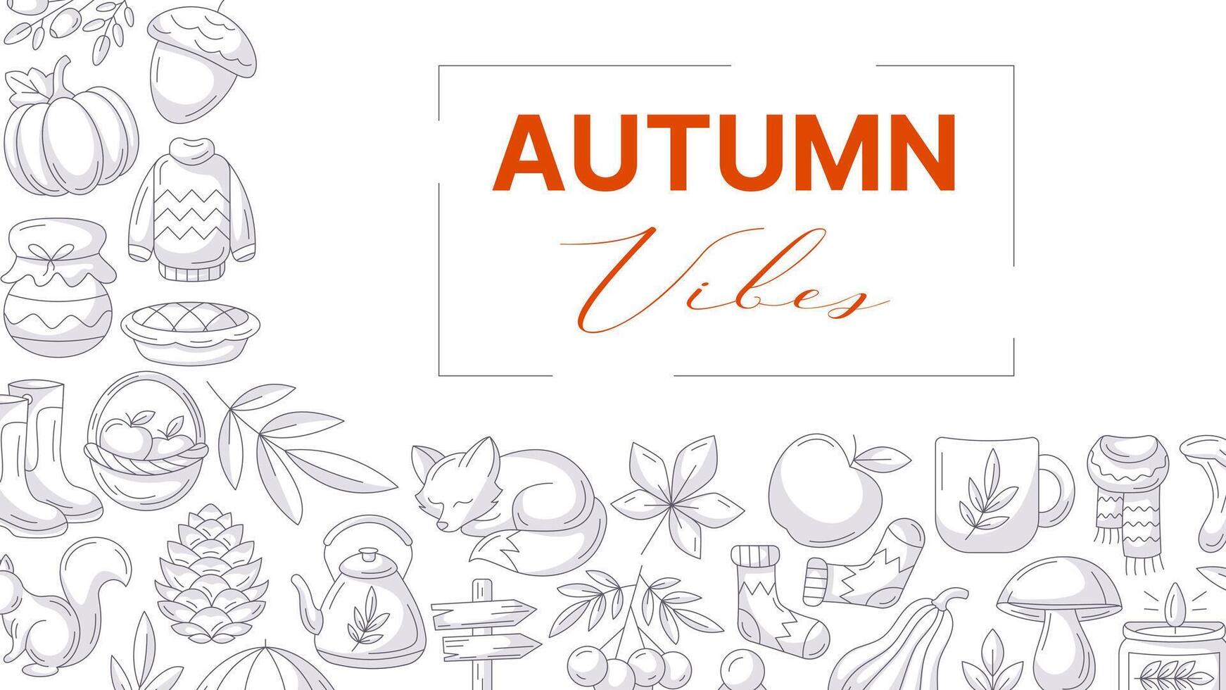 Autumn vibes, horizontal banner or background with space for text. Minimalist corner border frame with monochrome gray fall seasonal cozy elements, food, clothes, mushrooms, animals. For poster, card vector