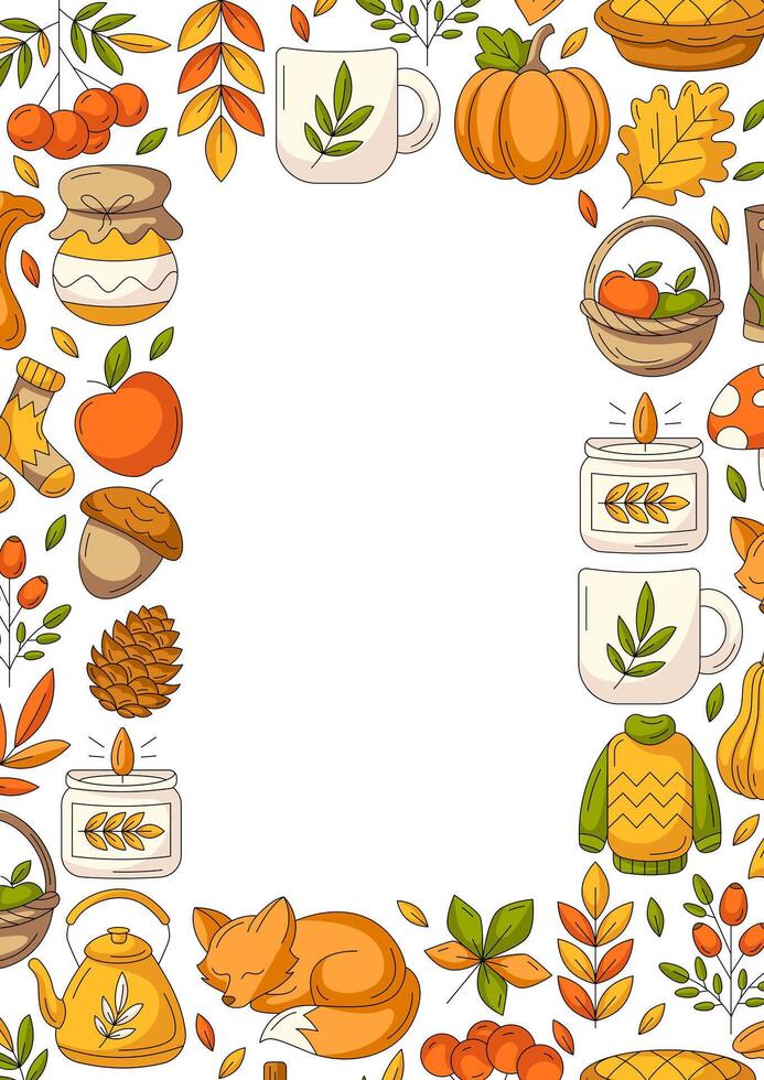 Autumn vertical a4 poster, space for text in the middle, isolated background. Colorful border frame with fall seasonal cozy elements. For card, banner, invitation, social media, festival or planner. vector
