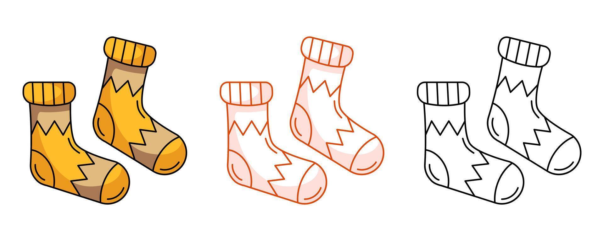 Warm socks, colorful and line icon set. Fall or winter element of clothes for cold weather. Flat outline icon, monochrome red and color illustration. For logo, sticker, coloring book, label vector