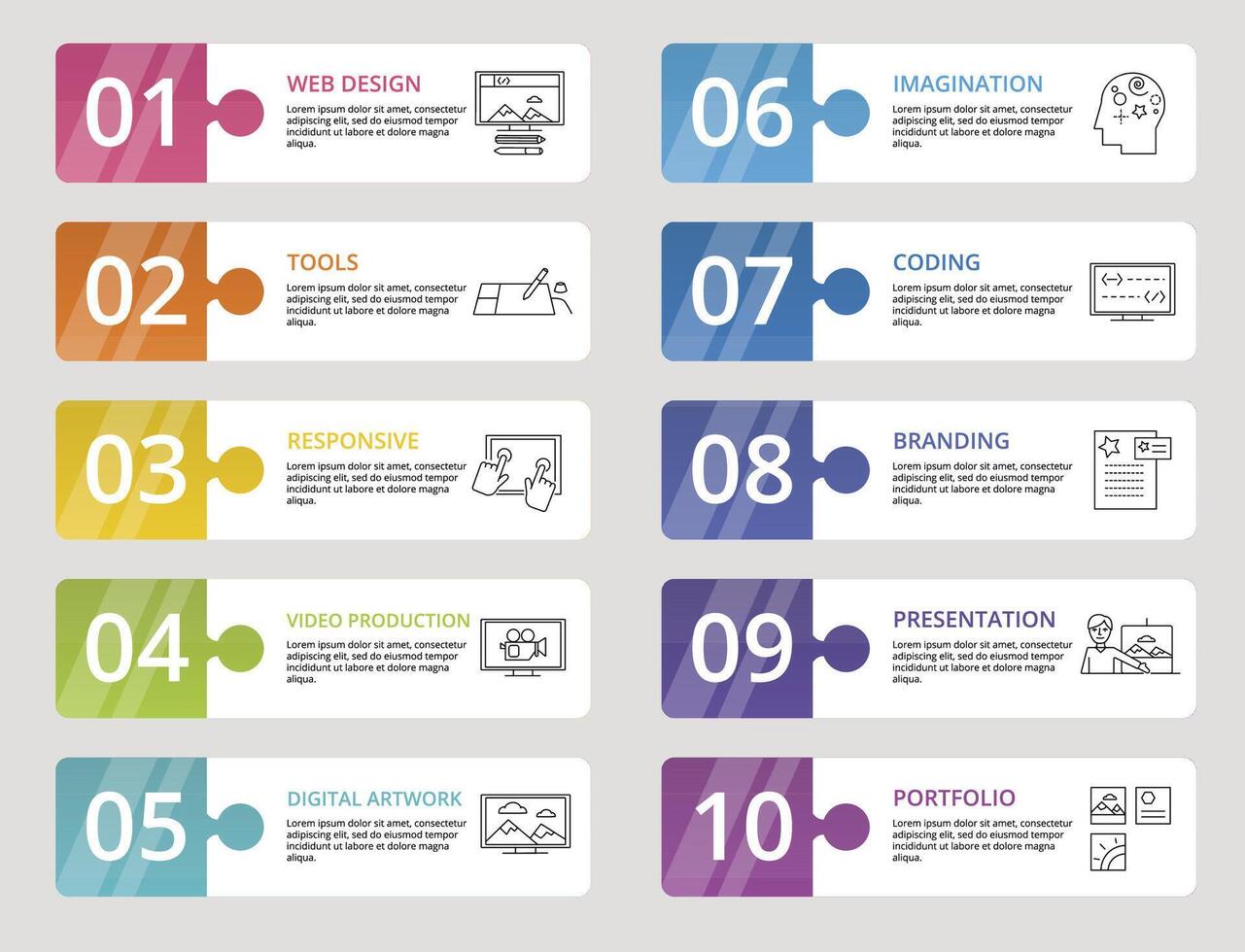 Infographic Web Design icons illustration. 10 colored steps info template with editable text. vector