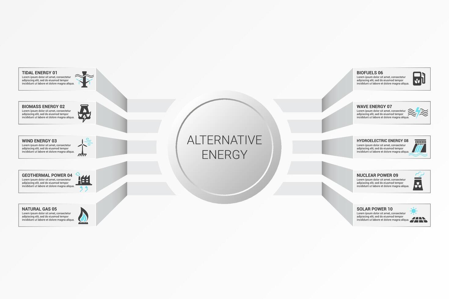 Infographic Alternative Energy template. Icons in different colors. Include Tidal Energy, Biomass Energy, Wind Energy, Geothermal Power and others. vector