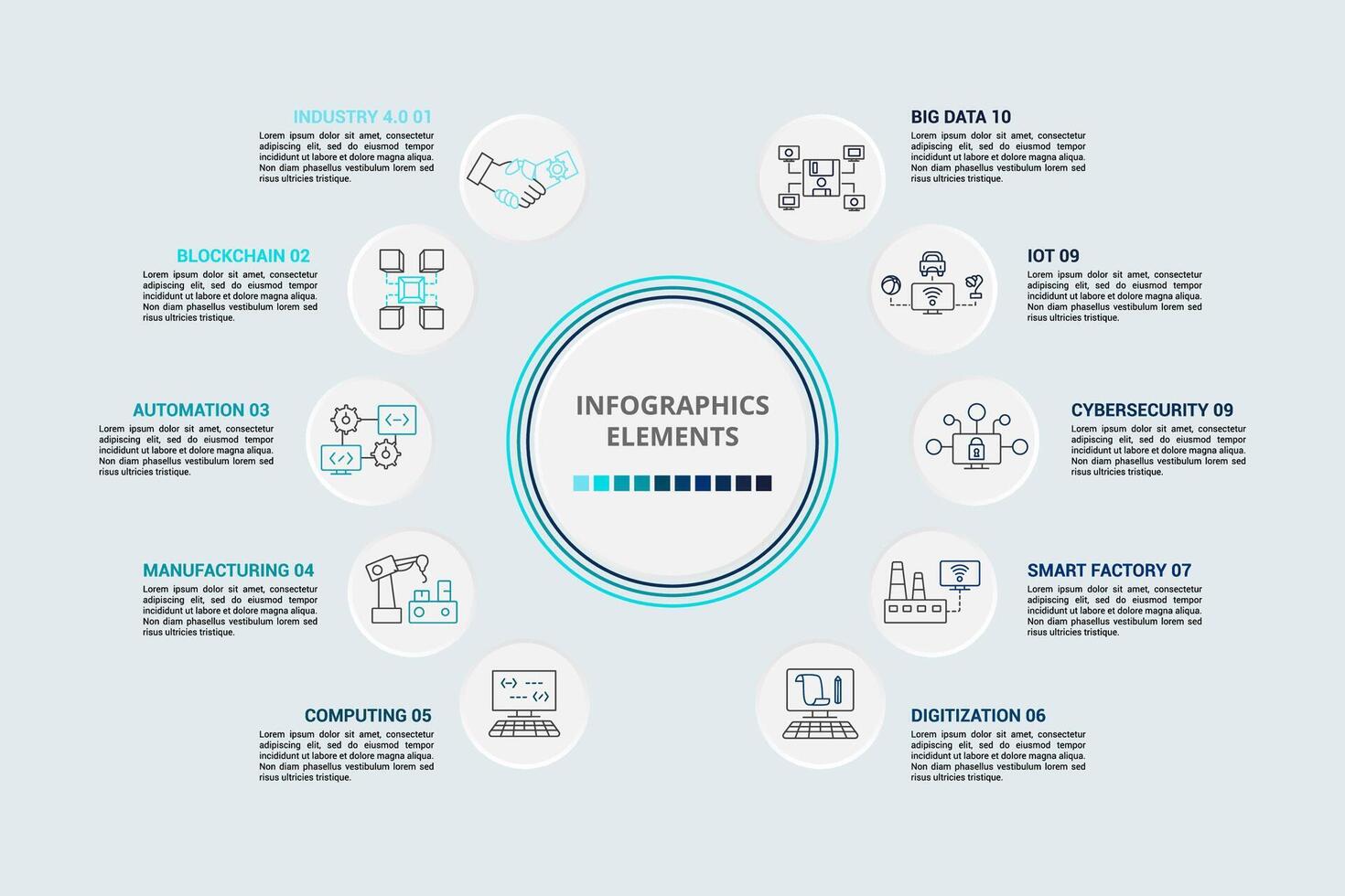Infographic Industry 4.0 template. Icons in different colors. Include Industry 4.0, Blockchain, Automation, Manufacturing and others. vector