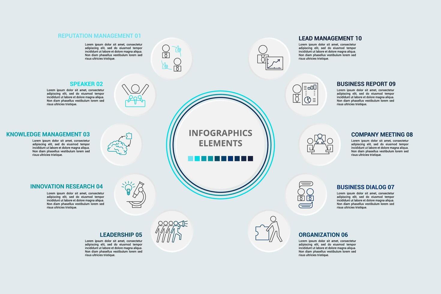Infographic Reputation Management template. Icons in different colors. Include Reputation Management, Speaker, Knowledge Management, Innovation Research and others. vector