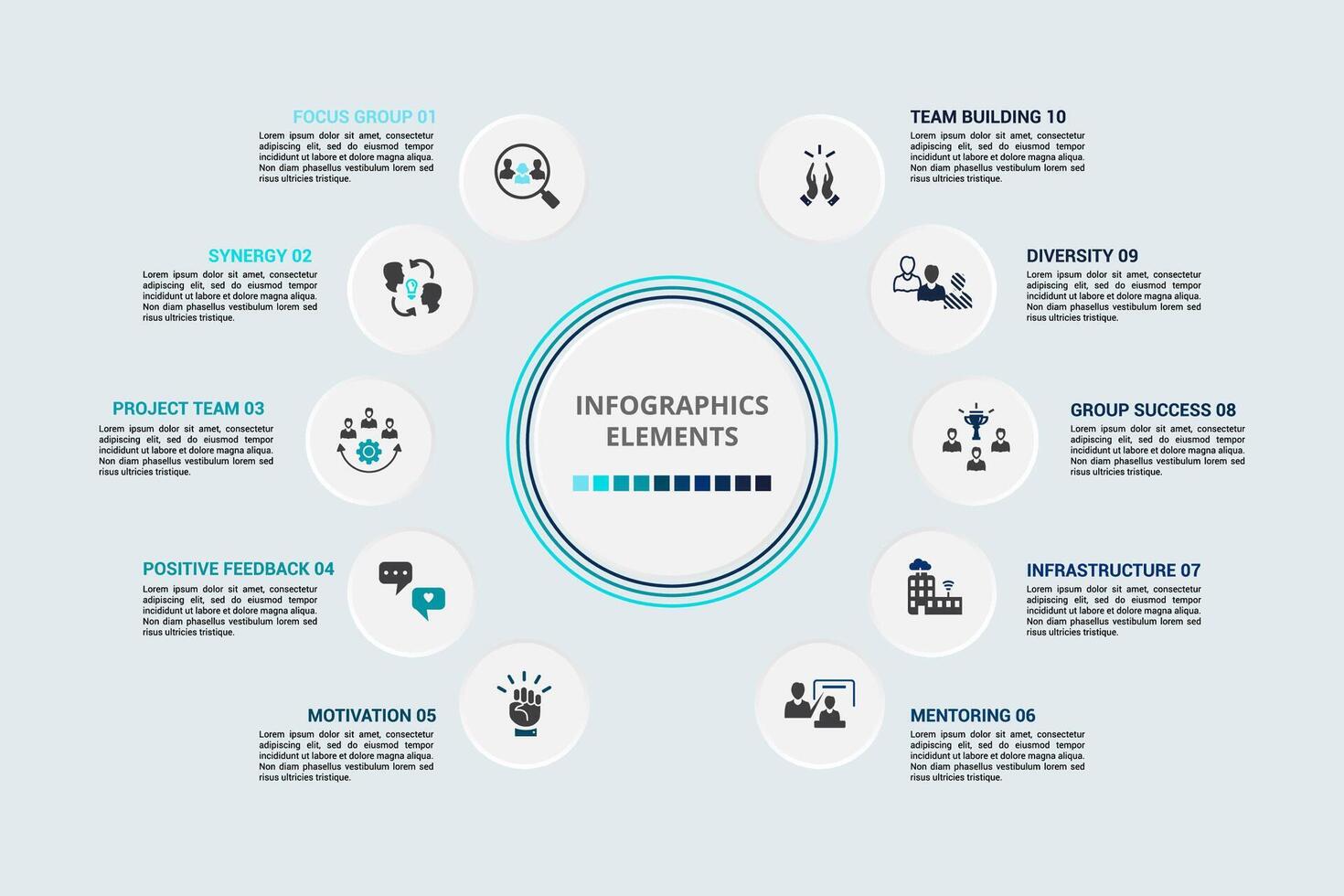 Infographic Team Building template. Icons in different colors. Include Focus Group, Synergy, Project Team, Positive Feedback and others. vector