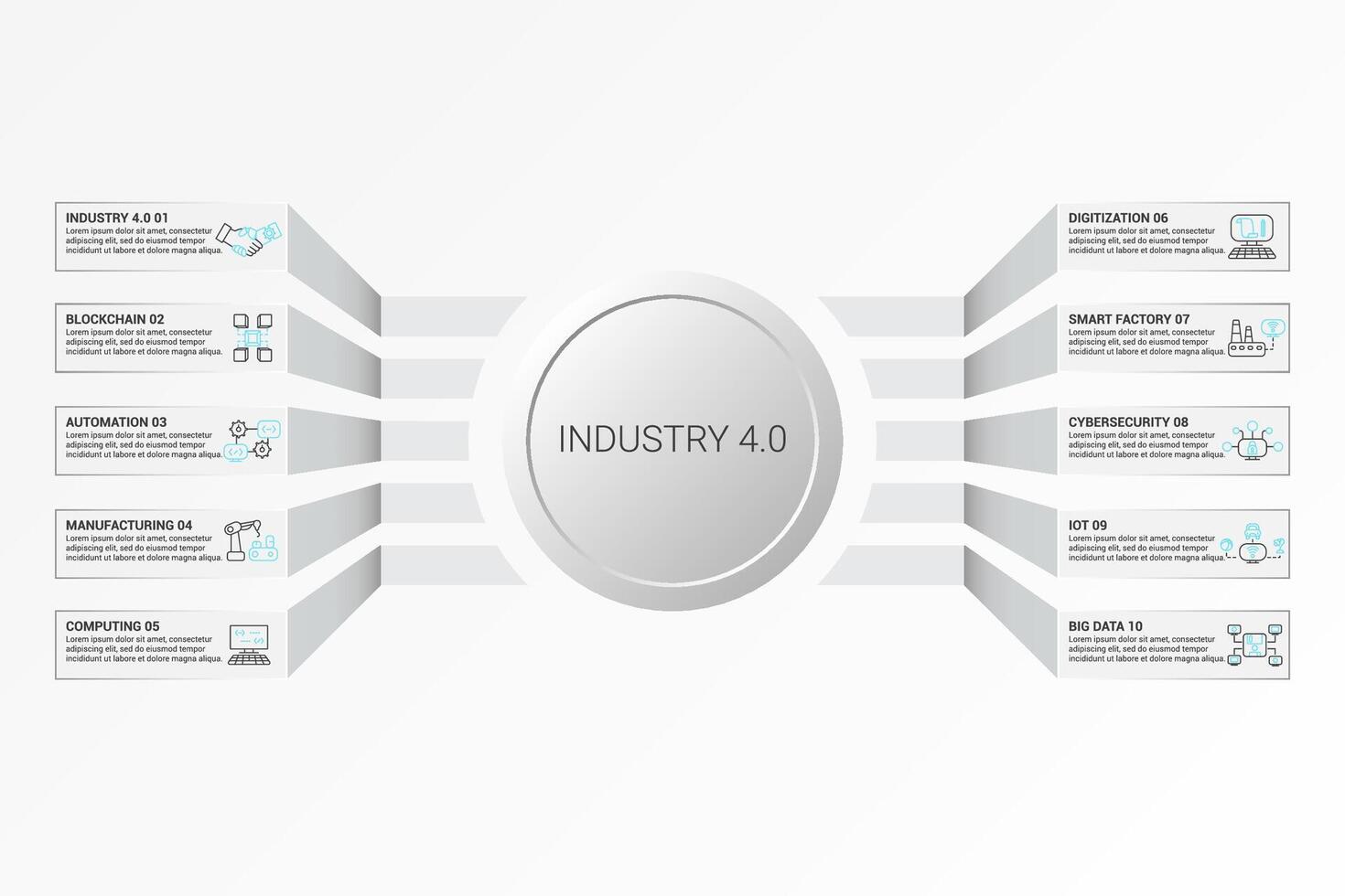 Infographic Industry 4.0 template. Icons in different colors. Include Industry 4.0, Blockchain, Automation, Manufacturing and others. vector