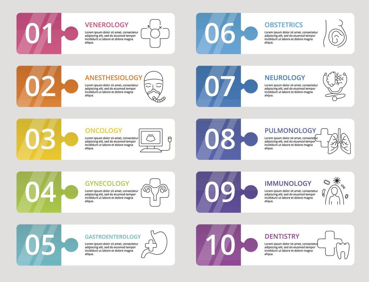 Infographic Medical icons illustration. 10 colored steps info template with editable text. vector