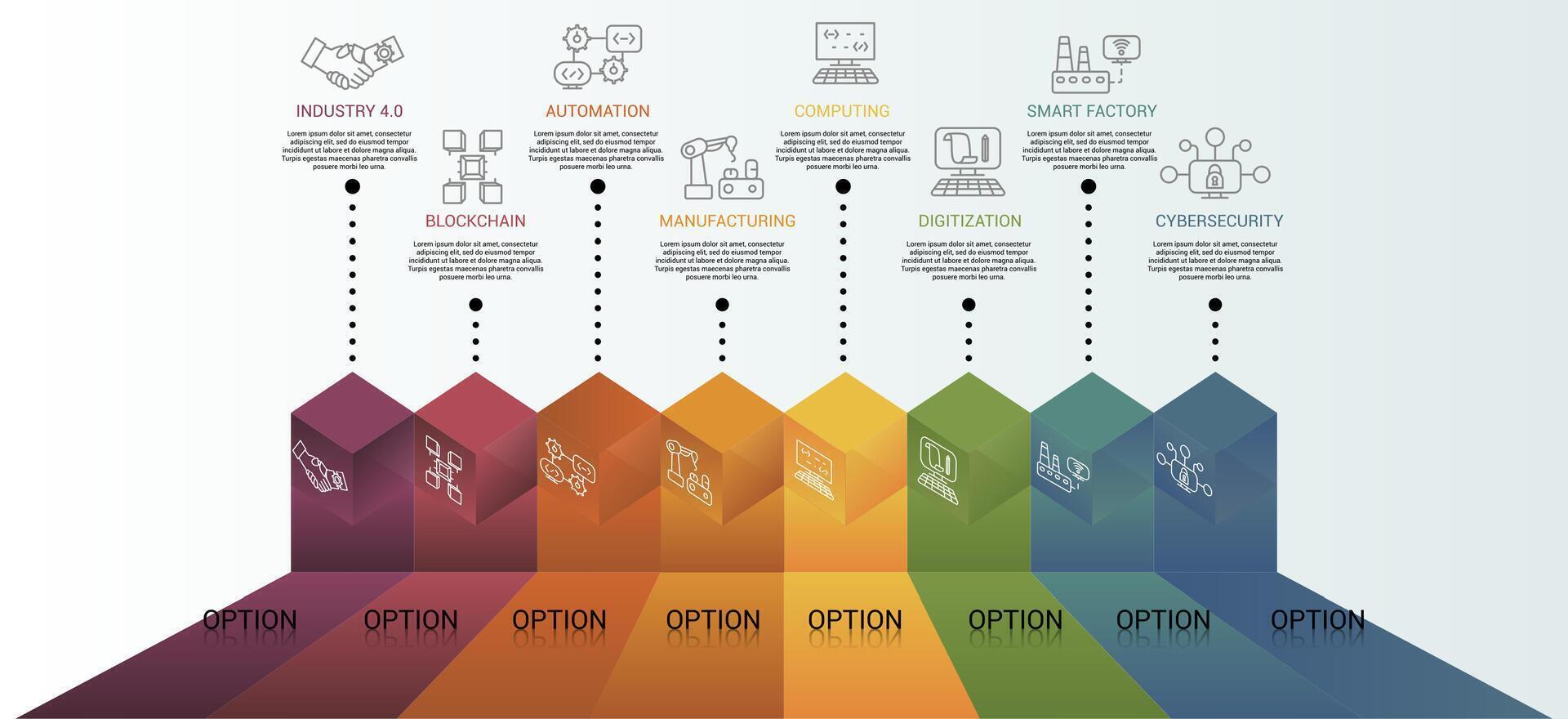Infographic Industry 4.0 template. Icons in different colors. Include Industry 4.0, Blockchain, Automation, Manufacturing and others. vector