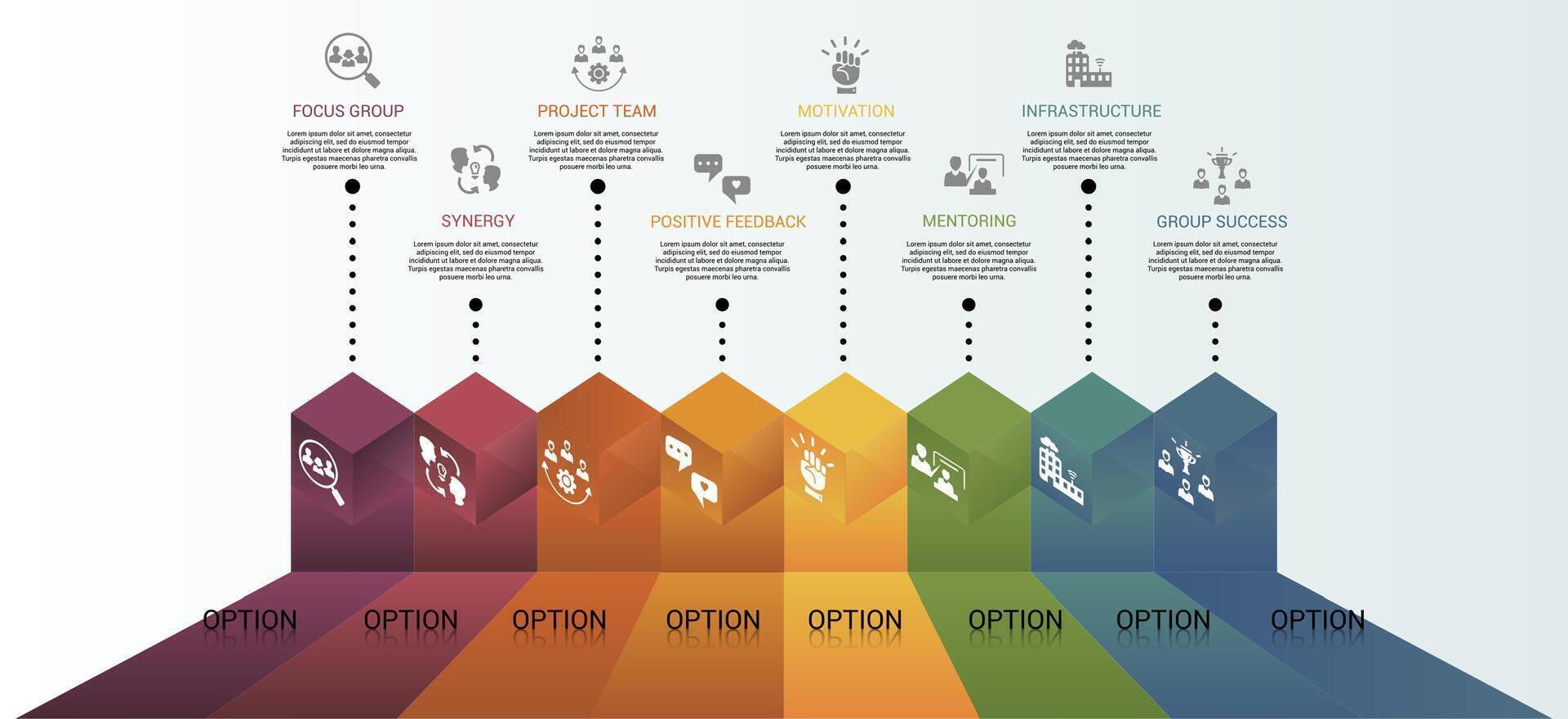 Infographic Team Building template. Icons in different colors. Include Focus Group, Synergy, Project Team, Positive Feedback and others. vector