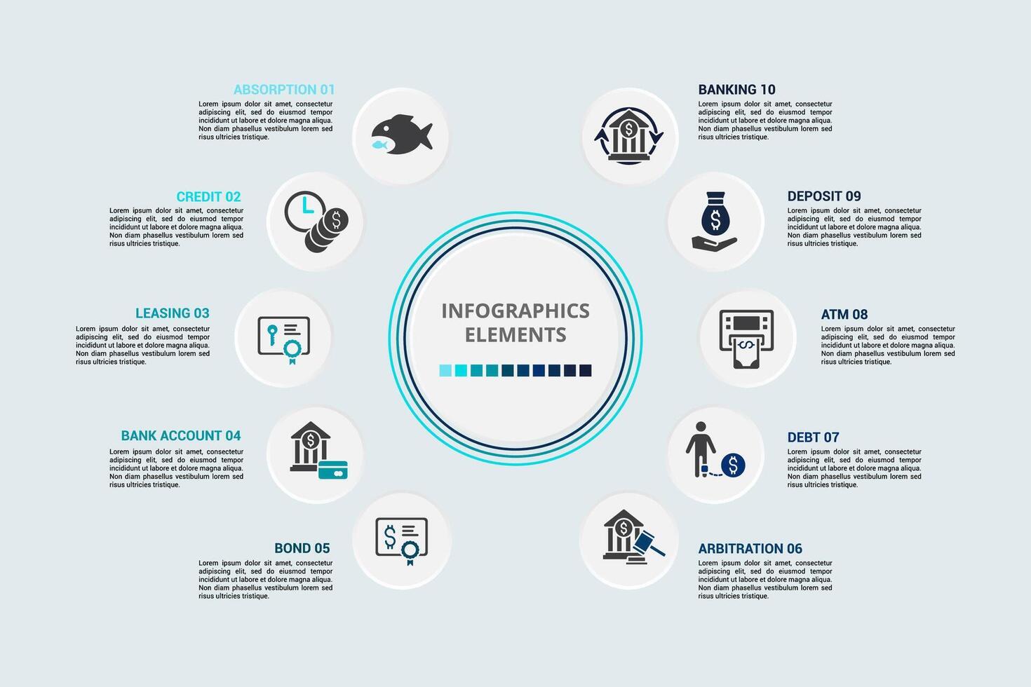 Infographic Banking template. Icons in different colors. Include Absorption, Credit, Leasing, Bank Account and others. vector
