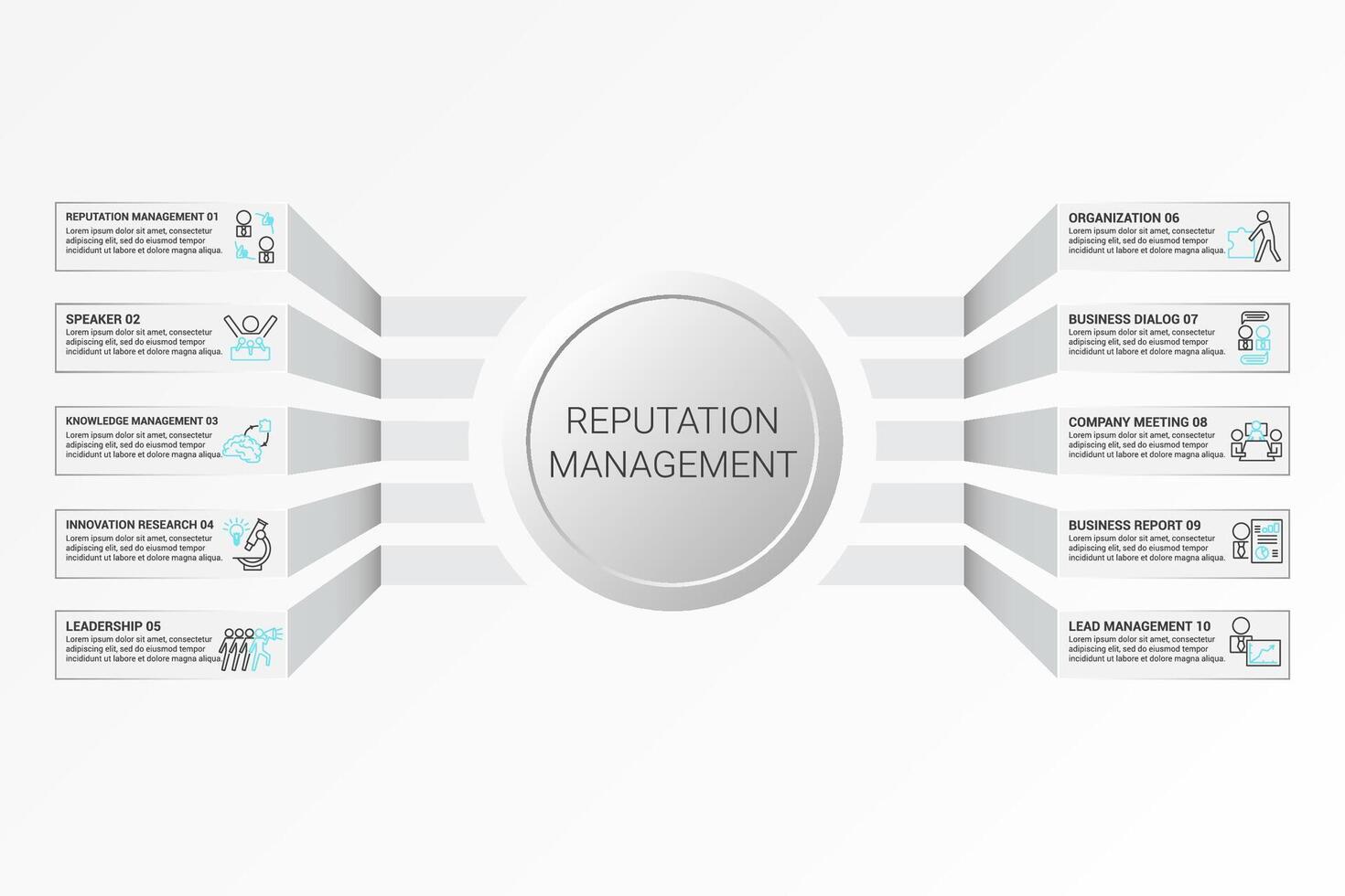 Infographic Reputation Management template. Icons in different colors. Include Reputation Management, Speaker, Knowledge Management, Innovation Research and others. vector