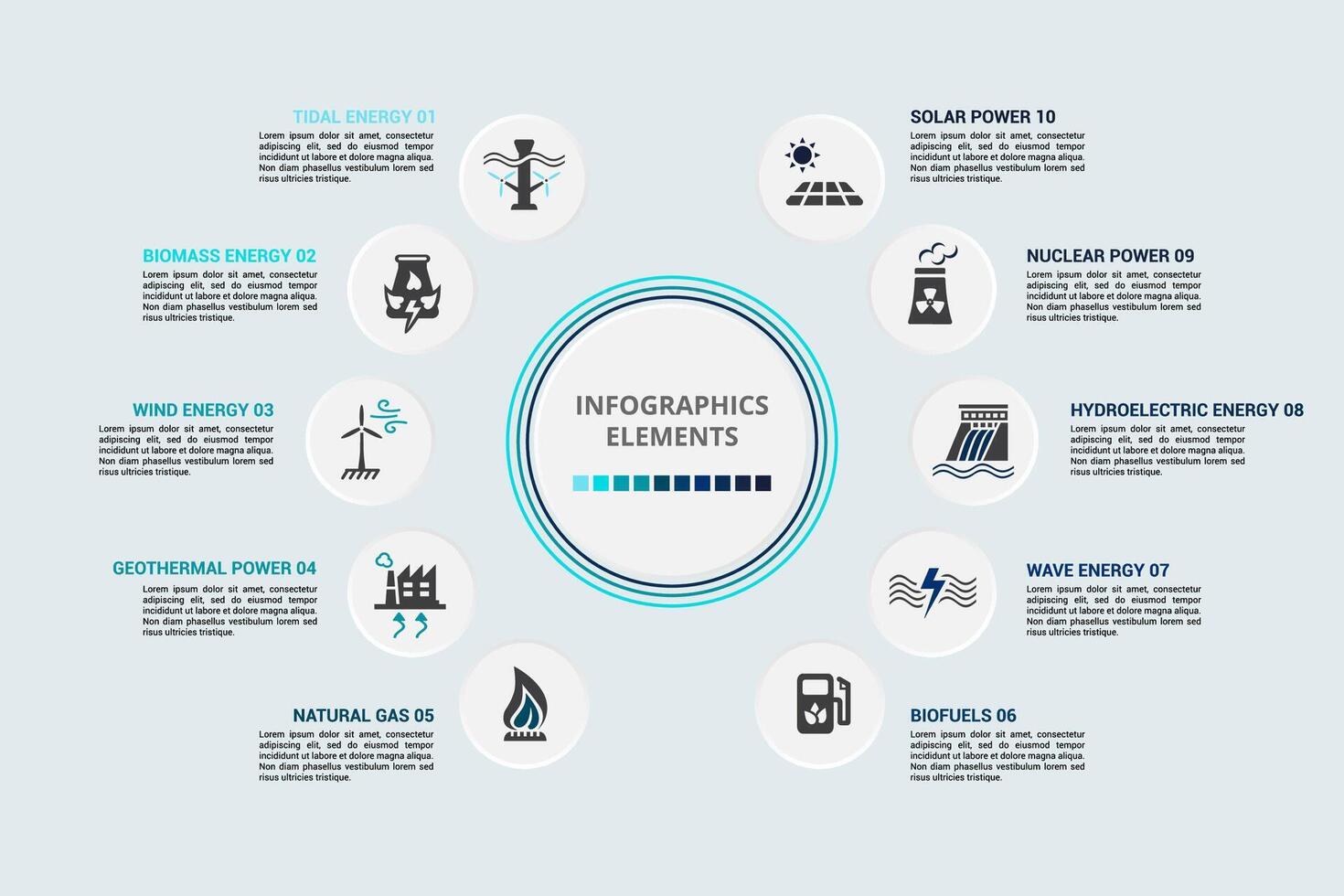 Infographic Alternative Energy template. Icons in different colors. Include Tidal Energy, Biomass Energy, Wind Energy, Geothermal Power and others. vector