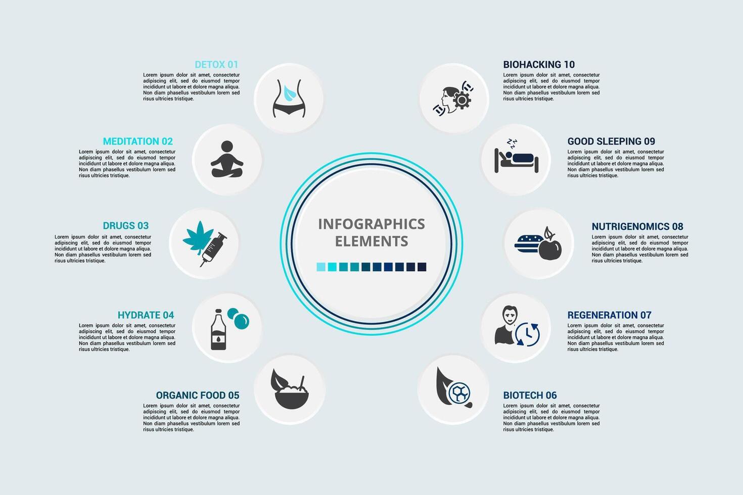 Infographic Biohacking template. Icons in different colors. Include Detox, Meditation, Drugs, Hydrate and others. vector