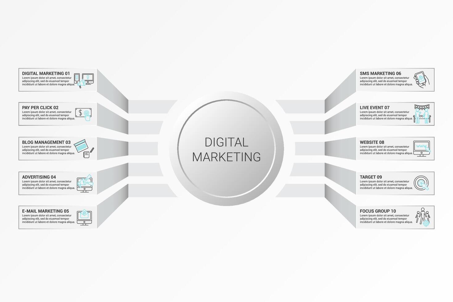 Infographic Digital Marketing template. Icons in different colors. Include Digital Marketing, Pay Per Click, Blog Management, Advertising and others. vector