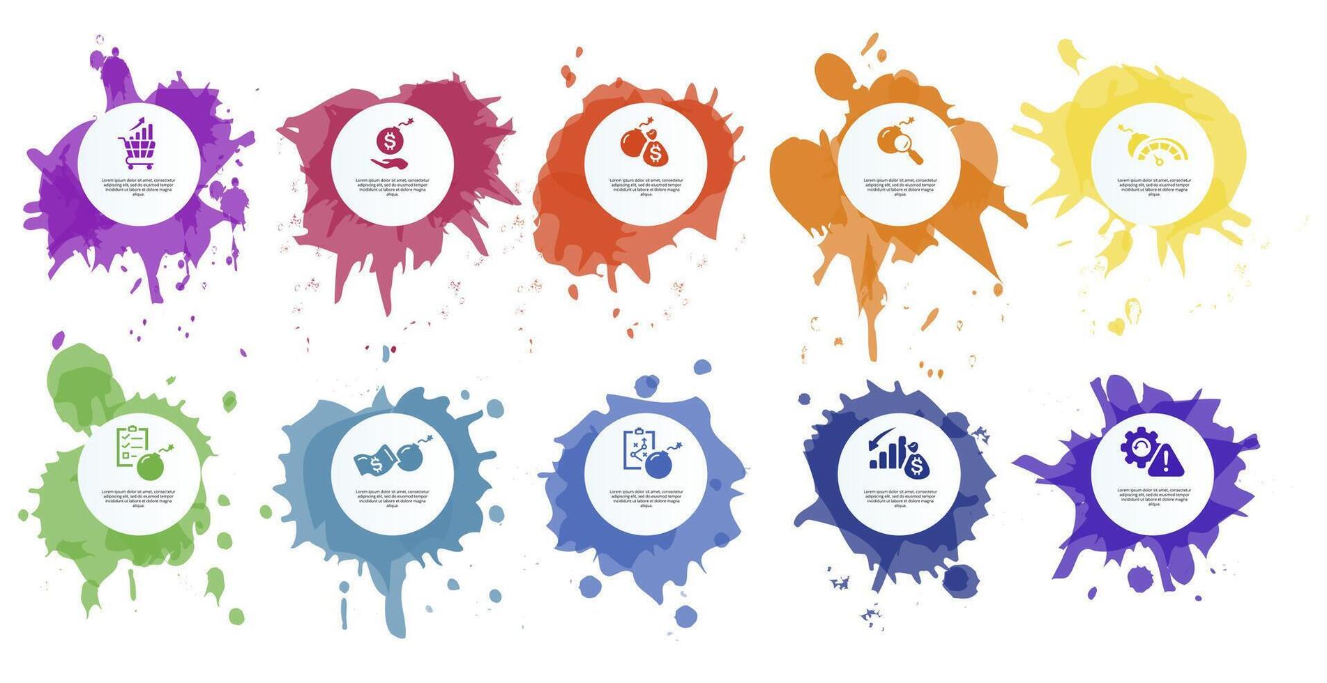 Infographic Risk Management template. Icons in different colors. Include Market Trend, Risk Investment, Capital, Identification and others. vector