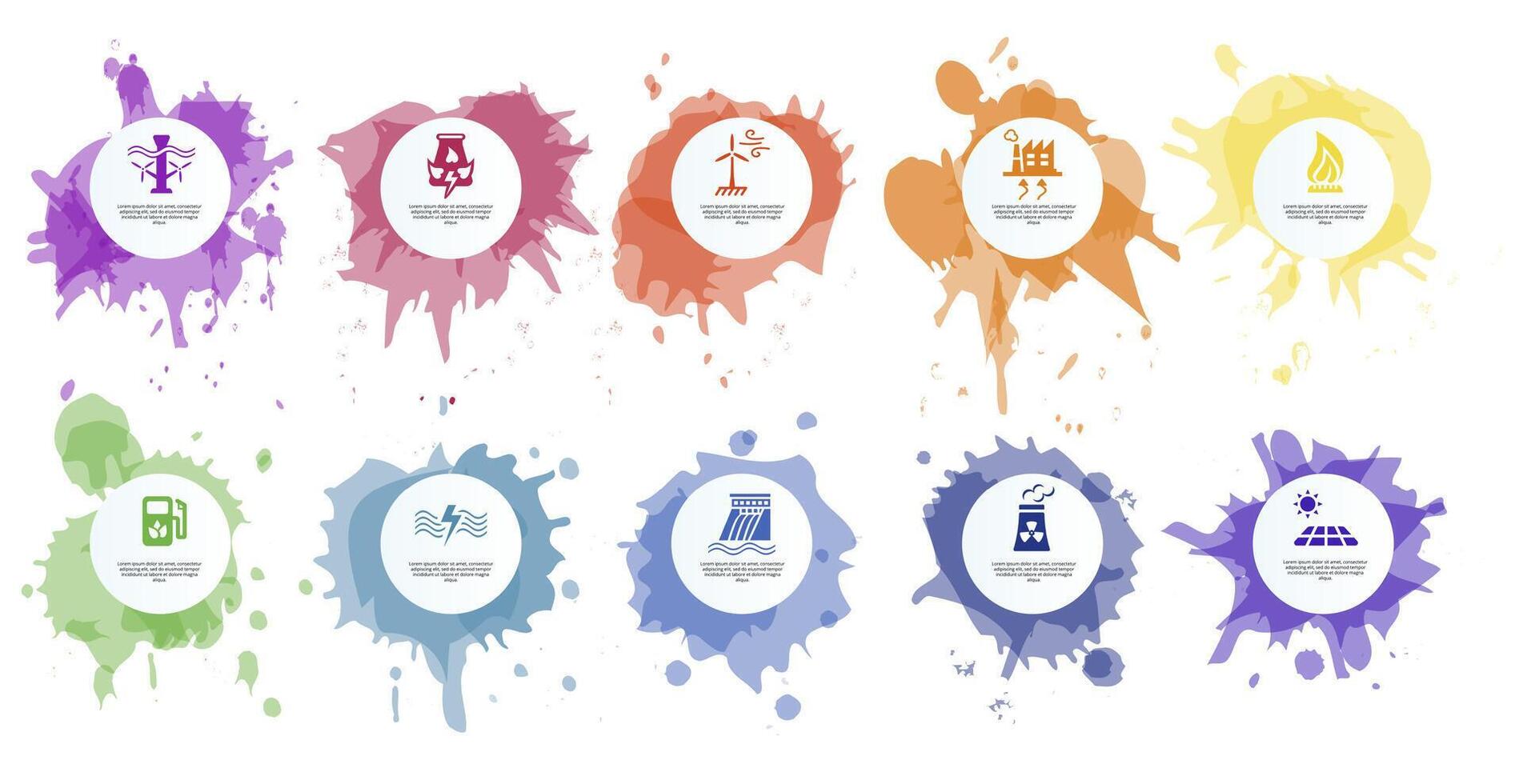 Infographic Alternative Energy template. Icons in different colors. Include Tidal Energy, Biomass Energy, Wind Energy, Geothermal Power and others. vector