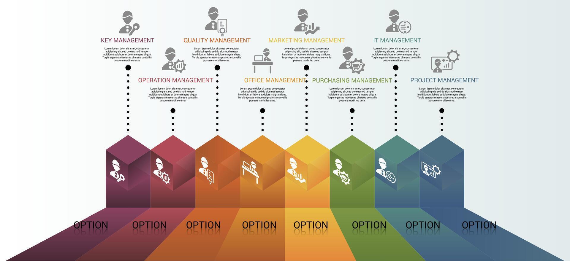 Infographic Company Management template. Icons in different colors. Include Key Management, Operation Management, Quality, Office Management and others. vector