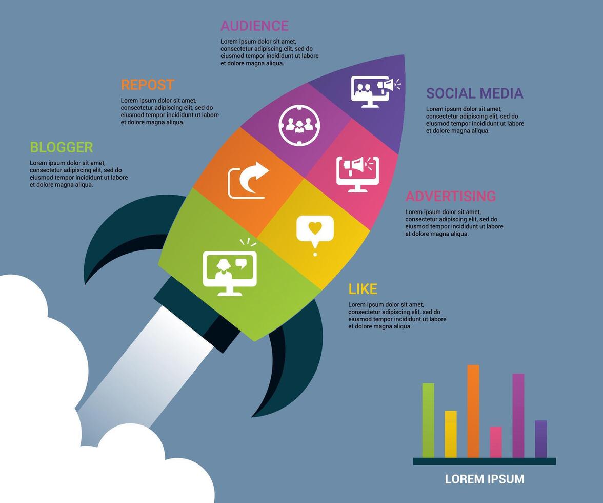 Infographic Social Media icons illustration. 6 colored steps info template with editable text. vector