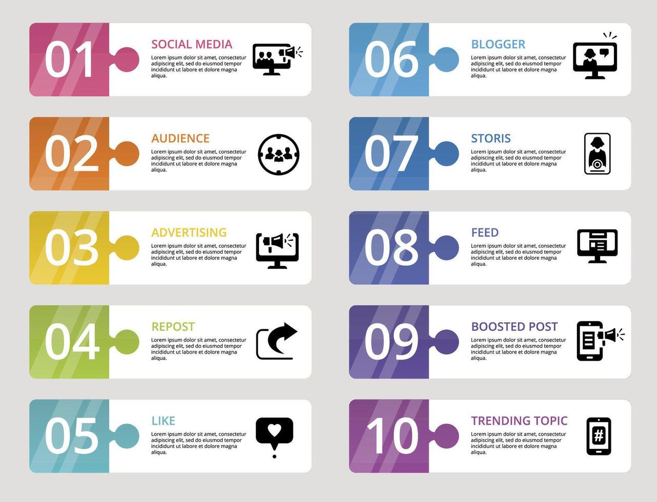 Infographic Social Media icons illustration. 10 colored steps info template with editable text. vector