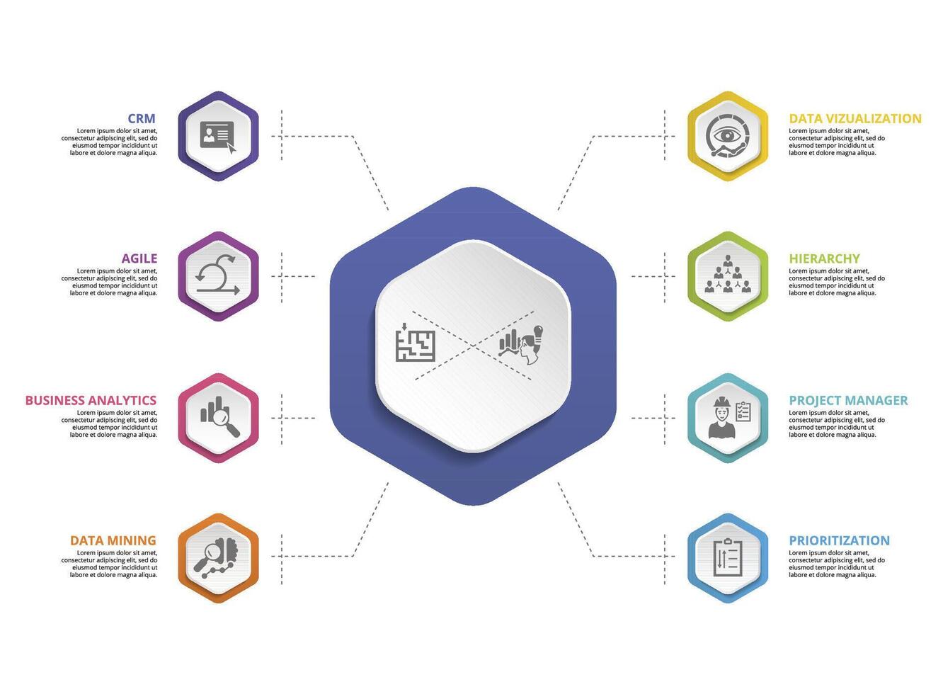 Infographic Business Intelligence icons illustration. 8 colored steps info template with editable text. vector