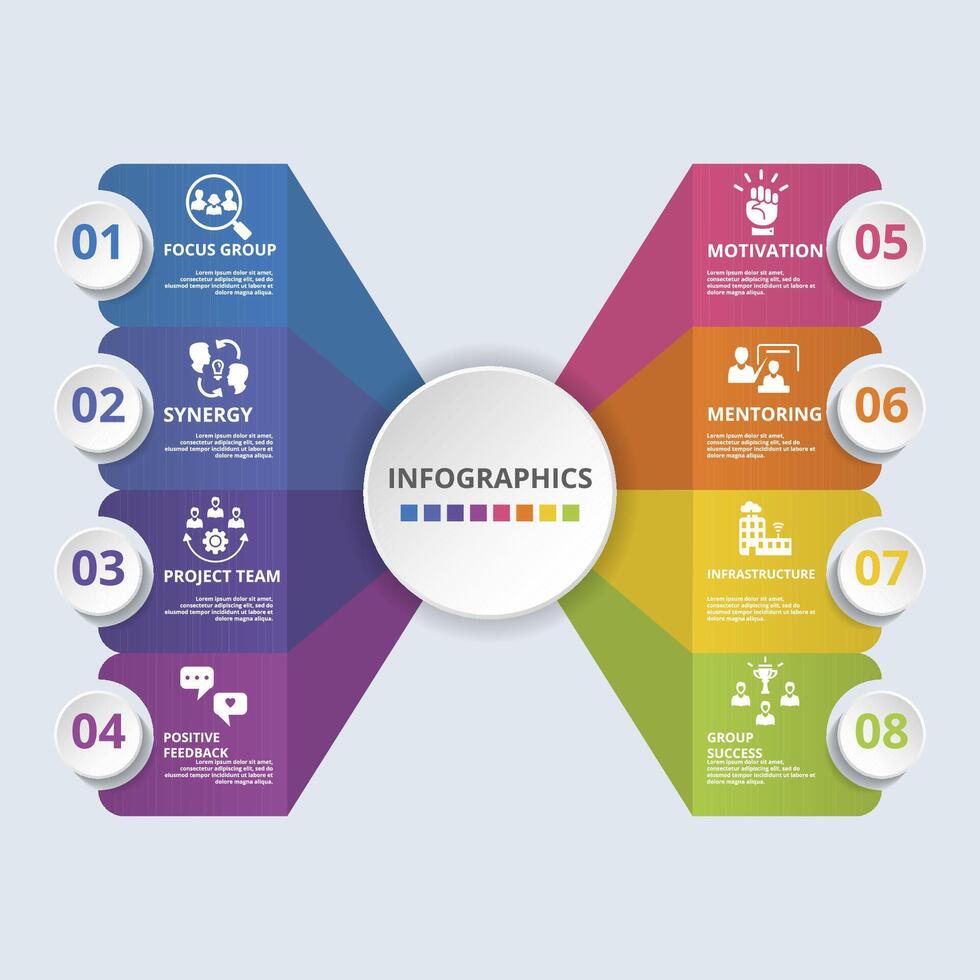 Infographic Team Building icons illustration. 8 colored steps info template with editable text. vector