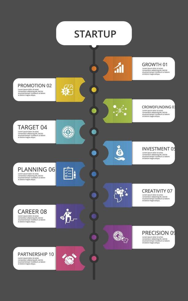Infographic Startup template. Icons in different colors. Include Partnership, Precision, Career, Creativity and others. vector