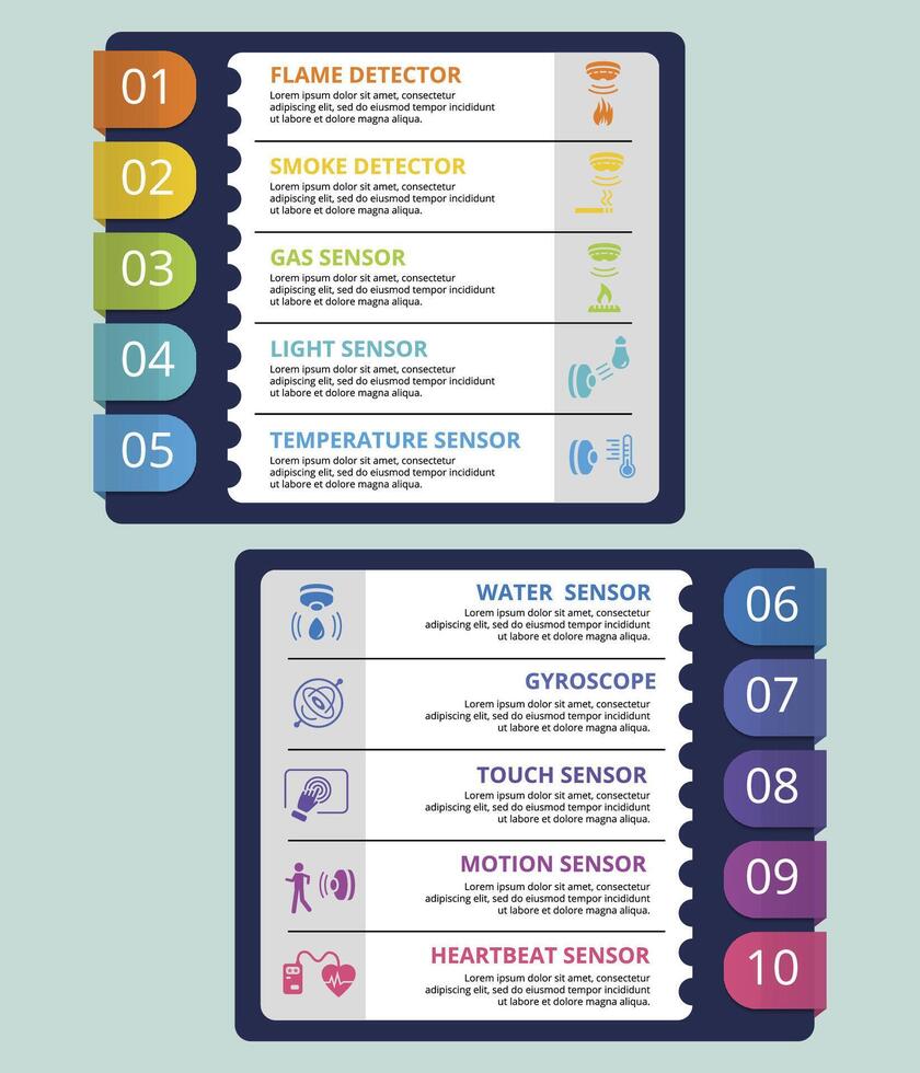 Infographic Sensor template. Icons in different colors. Include Water Quality Sensor, Flame Detector, Smoke Detector, Alcohol Sensor and others. vector