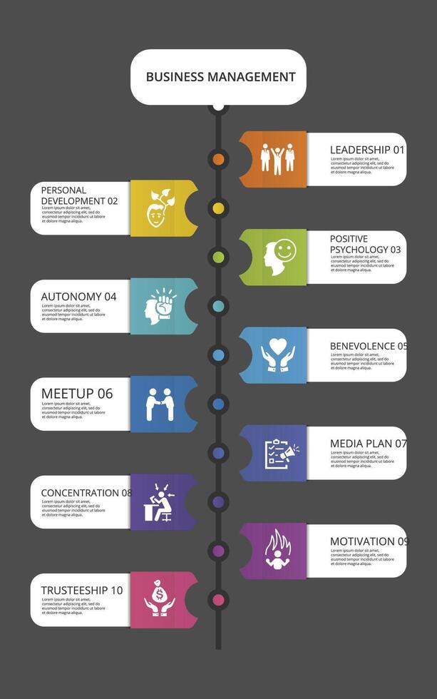 Infographic Business Management template. Icons in different colors. Include Leadership, Personal Development, Positive Psychology, Autonomy and others. vector