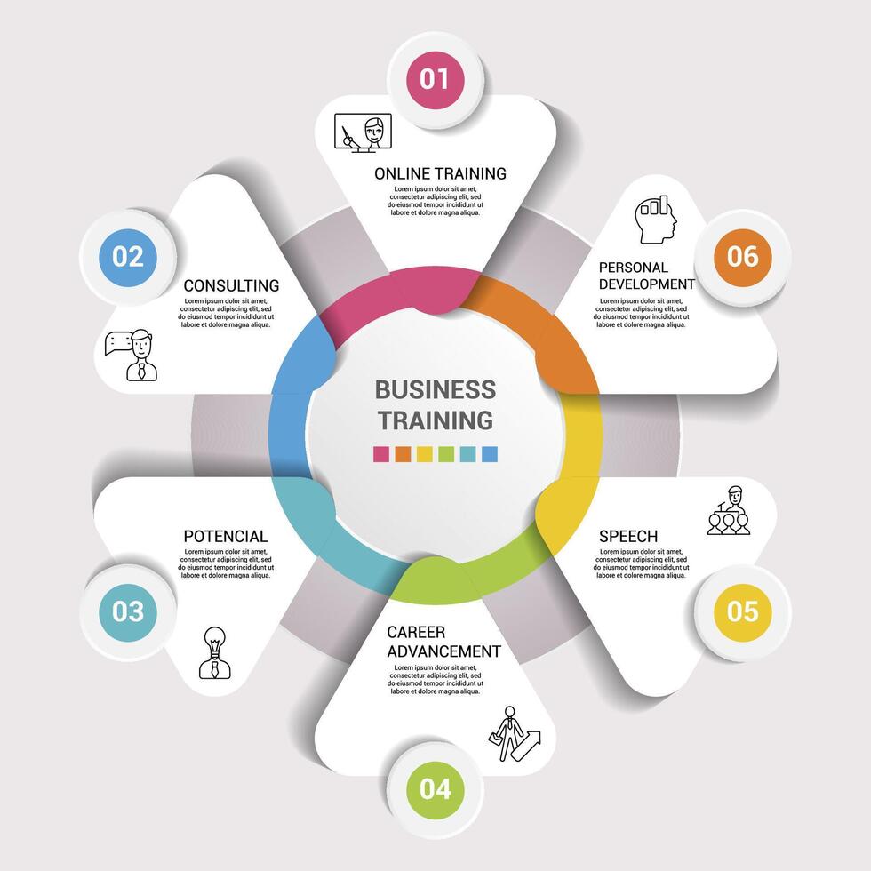 Infographic Team Building template. Icons in different colors. Include Focus Group, Synergy, Project Team, Positive Feedback and others. vector