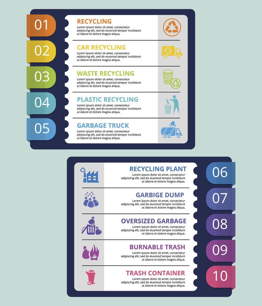 Infographic Recycling template. Icons in different colors. Include Recycling, Trash Container, Burnable Trash, Oversized Garbage and others. vector