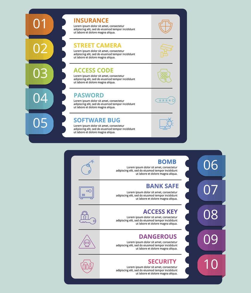 Infographic Security template. Icons in different colors. Include Security, Access Key, Bank Safe, Bomb and others. vector