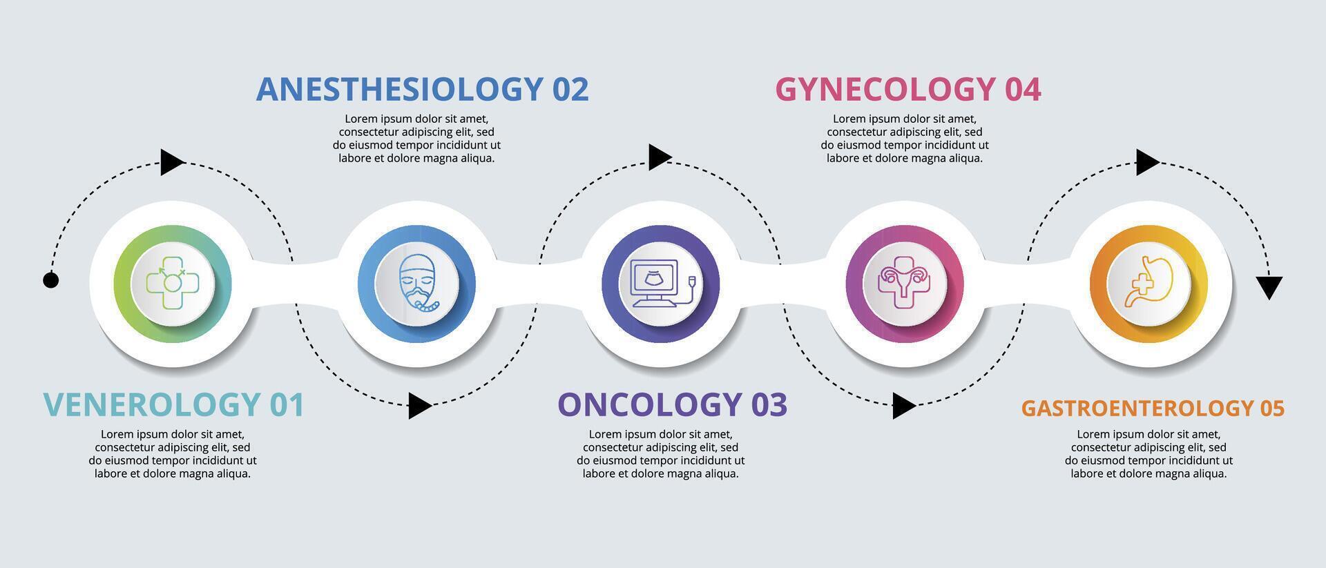 Infographic Medical template. Icons in different colors. Include Venerology, Anesthesiology, Oncology, Gynecology and others. vector