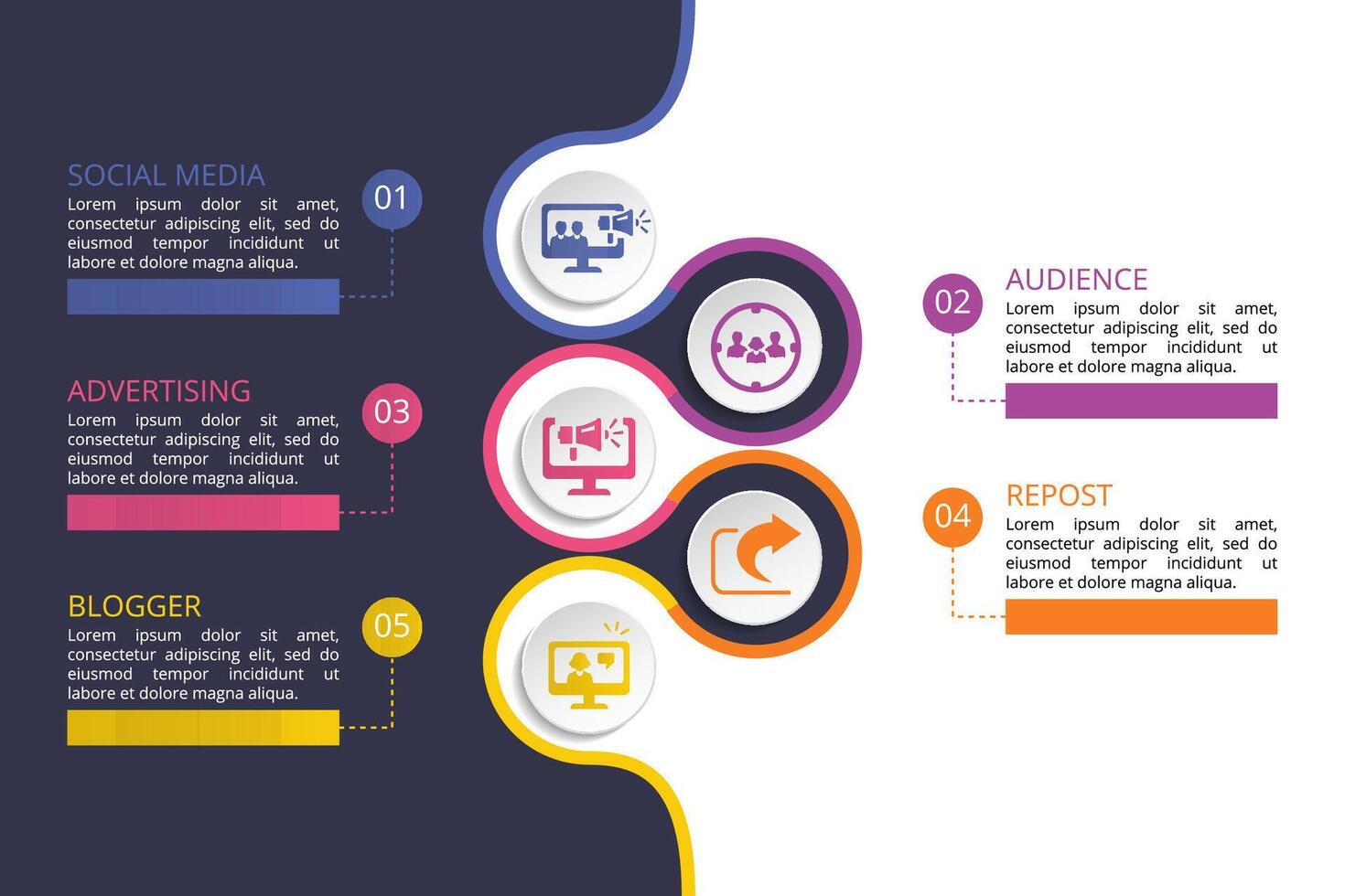 Infographic Social Media template. Icons in different colors. Include Like, Audience, Boosted Post, Feed and others. vector