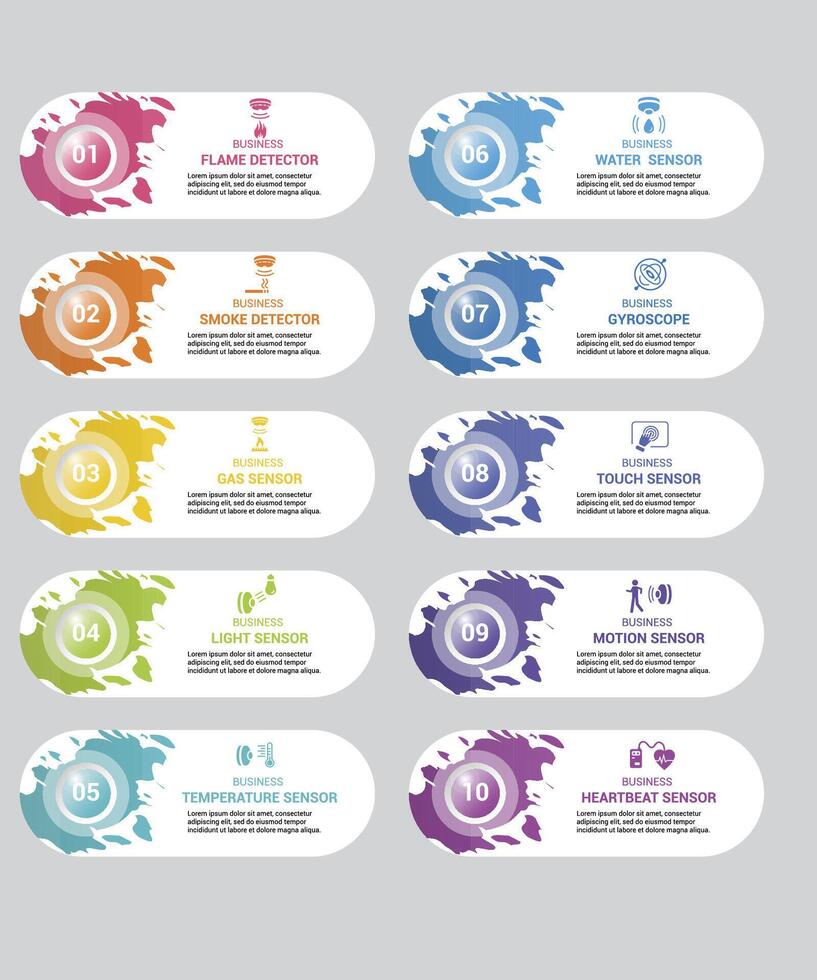 Infographic Sensors icons illustration. 10 colored steps info template with editable text. vector
