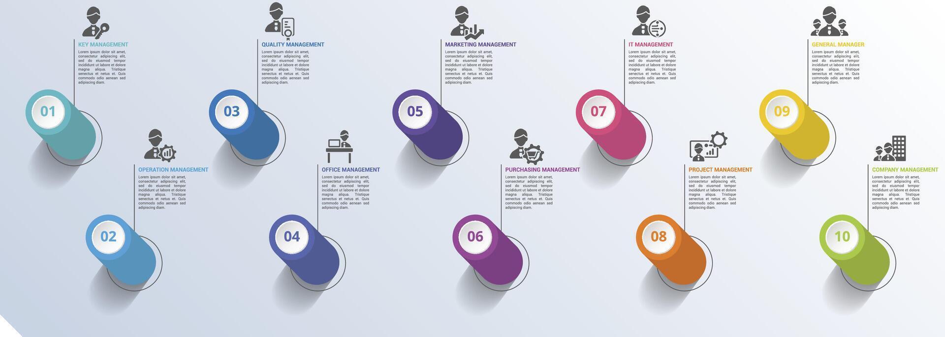 Infographic Company Management icons illustration. 10 colored steps info template with editable text. vector